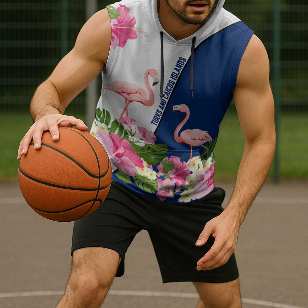 Turks and Caicos Islands Sleeveless Hoodie with Flamingos Floral Pattern and National Crest Design - Wonder Print Shop