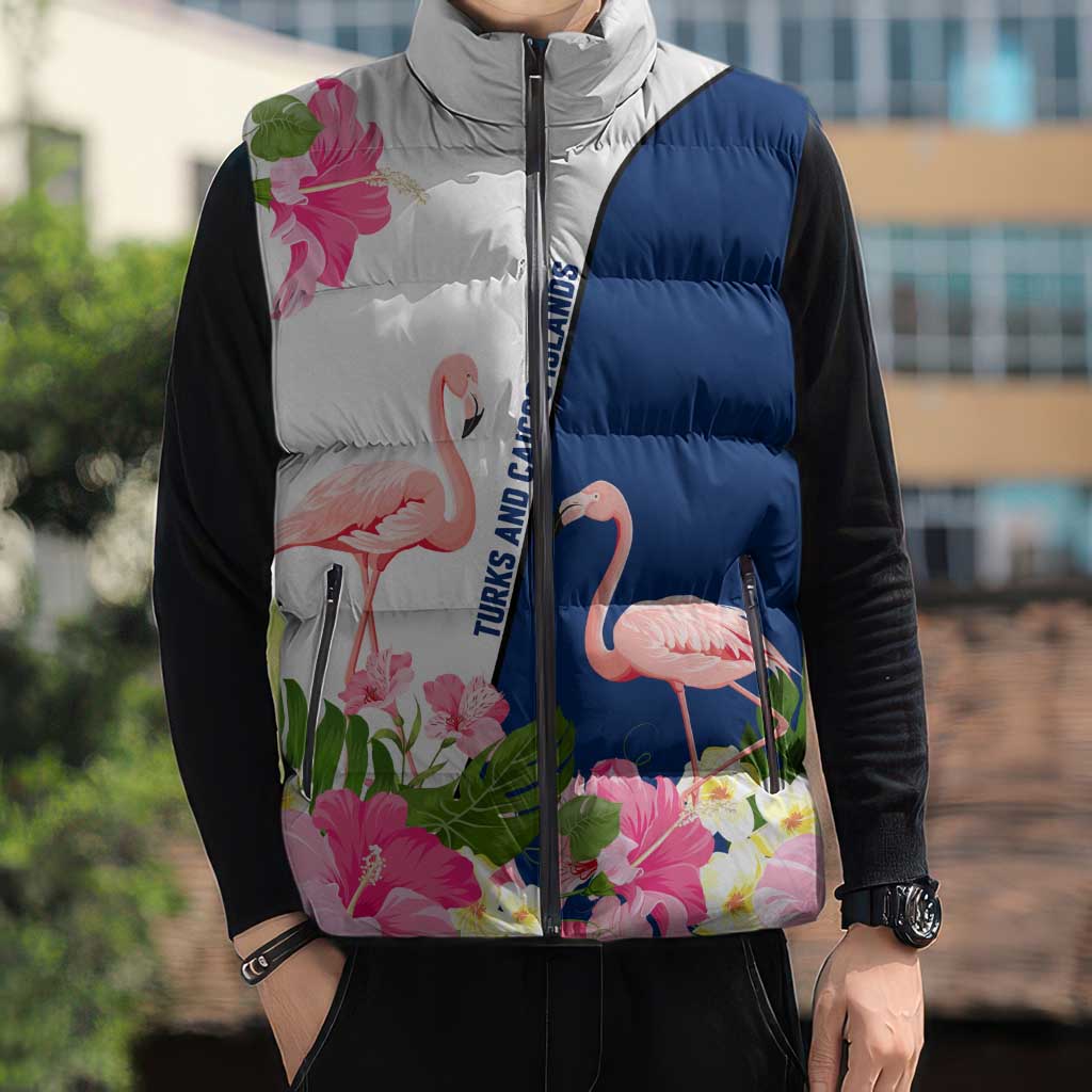 Turks and Caicos Islands Sleeveless Puffer Jacket with Flamingos Floral Pattern and National Crest Design - Wonder Print Shop