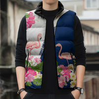 Turks and Caicos Islands Sleeveless Puffer Jacket with Flamingos Floral Pattern and National Crest Design - Wonder Print Shop