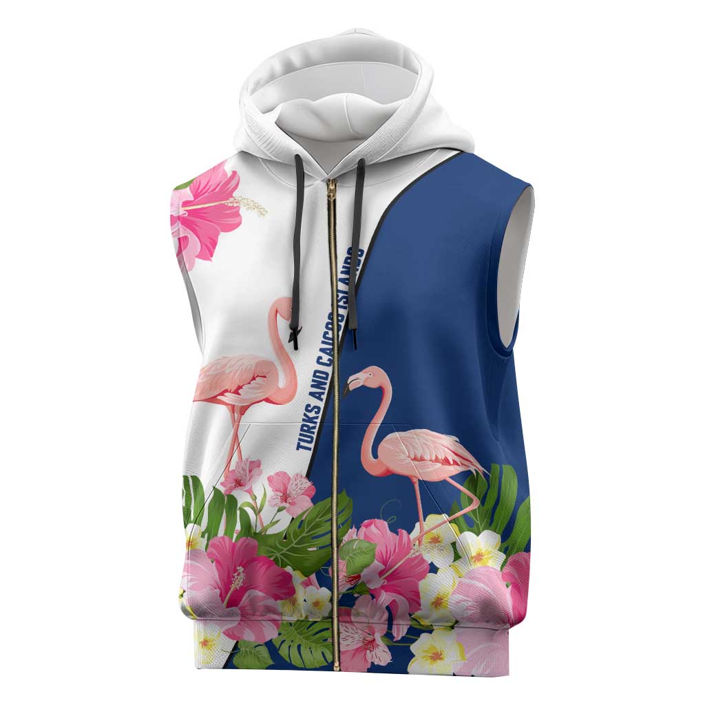 Turks and Caicos Islands Sleeveless Zip Hoodie with Flamingos Floral Pattern and National Crest Design - Wonder Print Shop