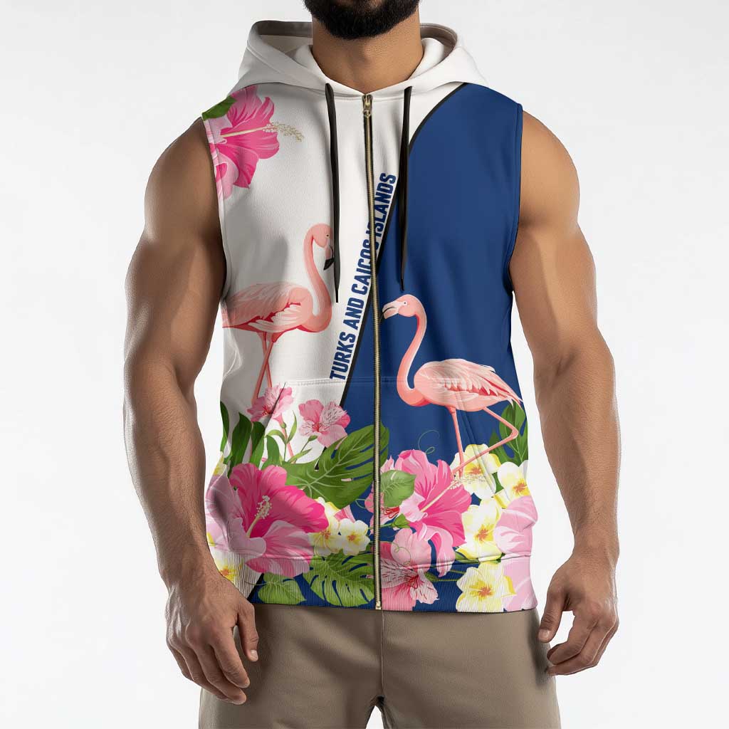 Turks and Caicos Islands Sleeveless Zip Hoodie with Flamingos Floral Pattern and National Crest Design - Wonder Print Shop