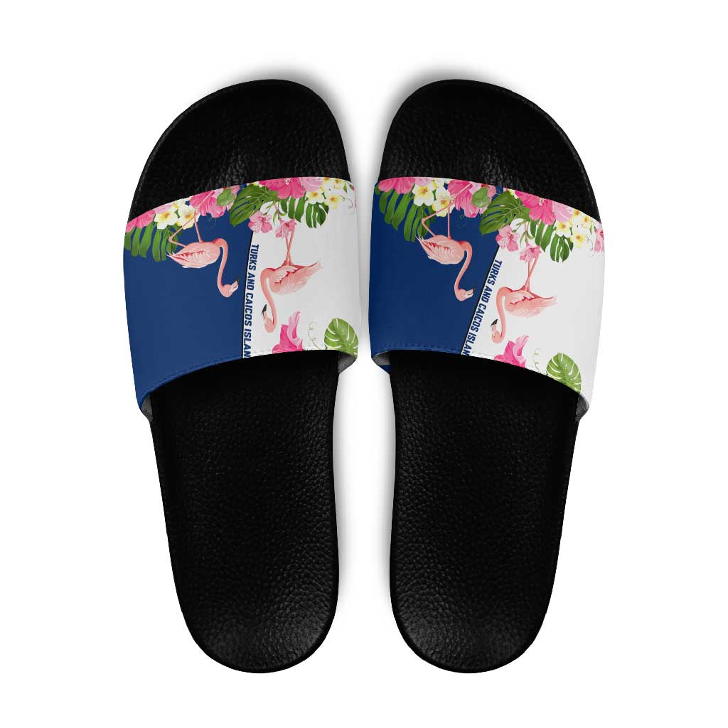 Turks and Caicos Islands Slide Sandals with Flamingos Floral Pattern and National Crest Design - Wonder Print Shop