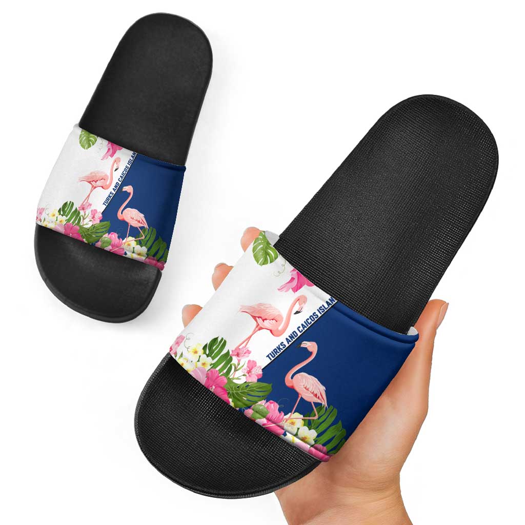 Turks and Caicos Islands Slide Sandals with Flamingos Floral Pattern and National Crest Design - Wonder Print Shop