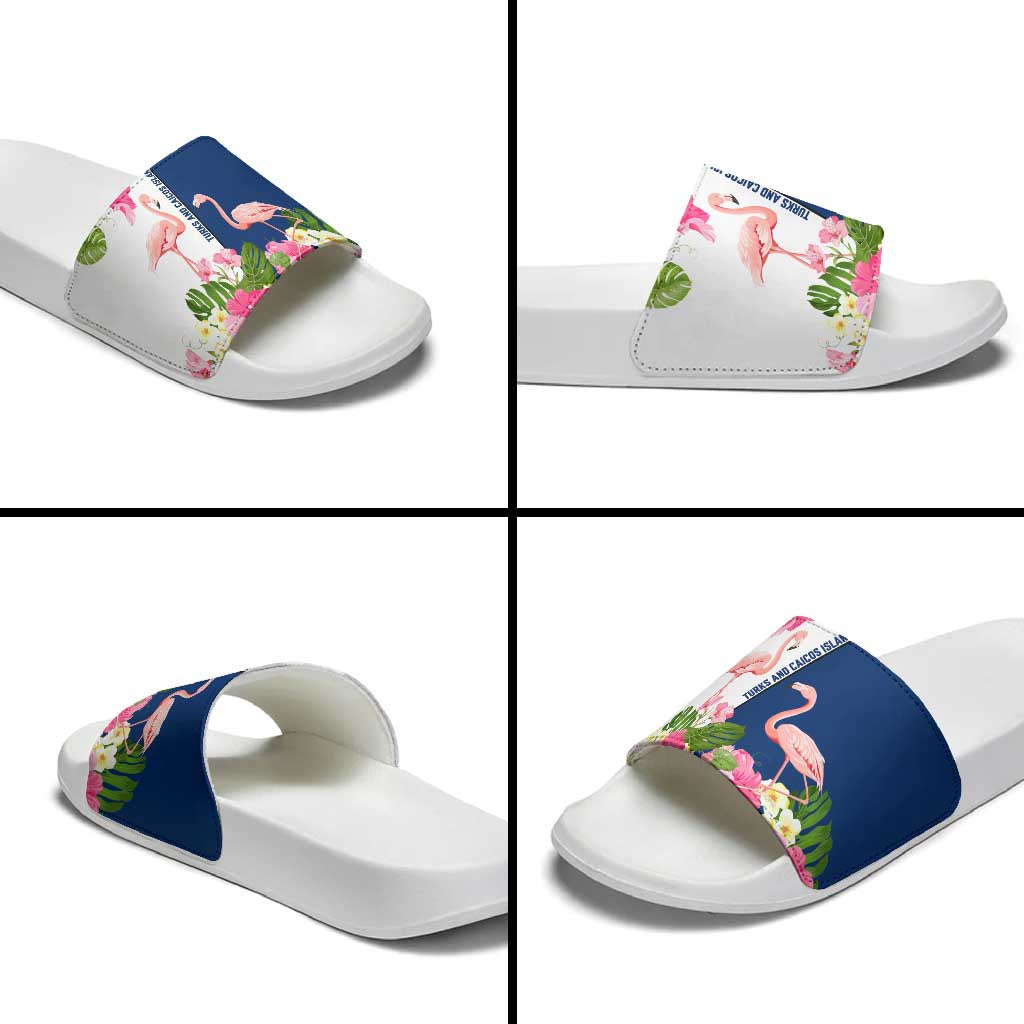 Turks and Caicos Islands Slide Sandals with Flamingos Floral Pattern and National Crest Design - Wonder Print Shop
