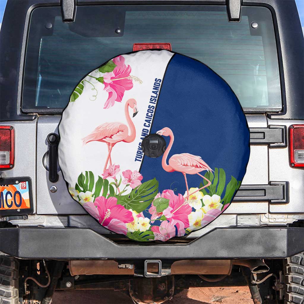 Turks and Caicos Islands Spare Tire Cover with Flamingos Floral Pattern and National Crest Design - Wonder Print Shop