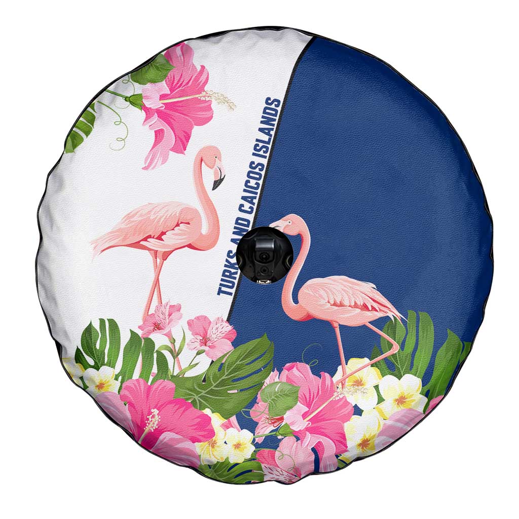 Turks and Caicos Islands Spare Tire Cover with Flamingos Floral Pattern and National Crest Design - Wonder Print Shop