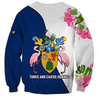 Turks and Caicos Islands Sweatshirt with Flamingos Floral Pattern and National Crest Design - Wonder Print Shop