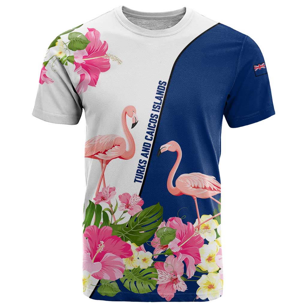 Turks and Caicos Islands T Shirt with Flamingos Floral Pattern and National Crest Design - Wonder Print Shop