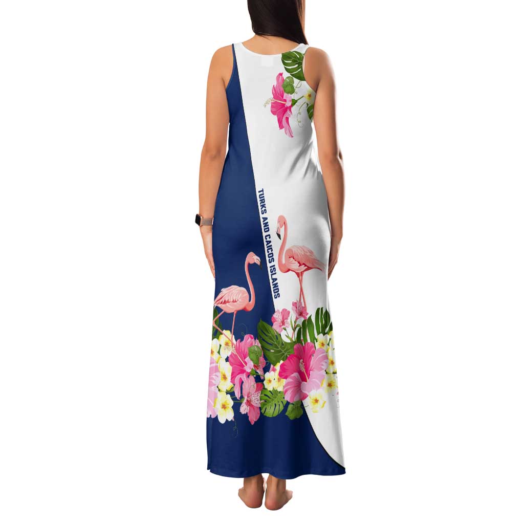 Turks and Caicos Islands Tank Maxi Dress with Flamingos Floral Pattern and National Crest Design - Wonder Print Shop