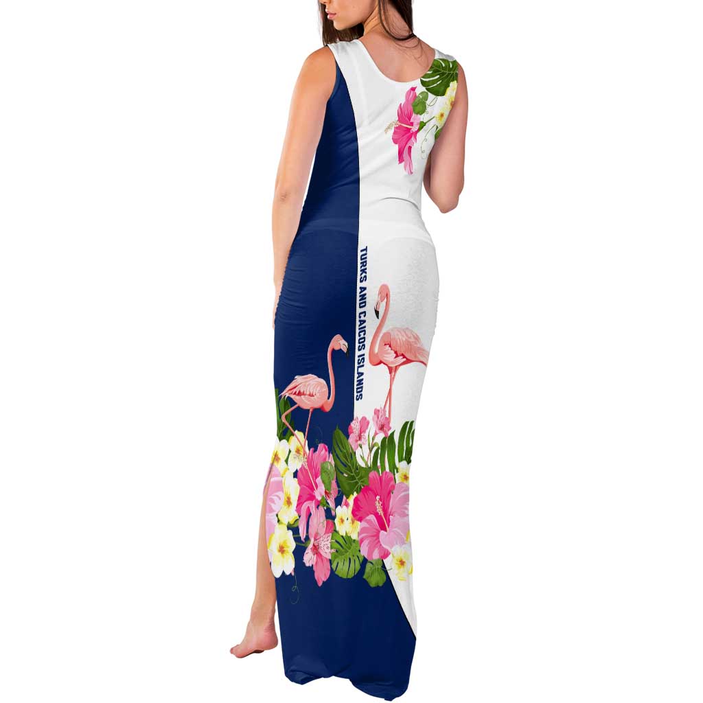 Turks and Caicos Islands Tank Maxi Dress with Flamingos Floral Pattern and National Crest Design - Wonder Print Shop