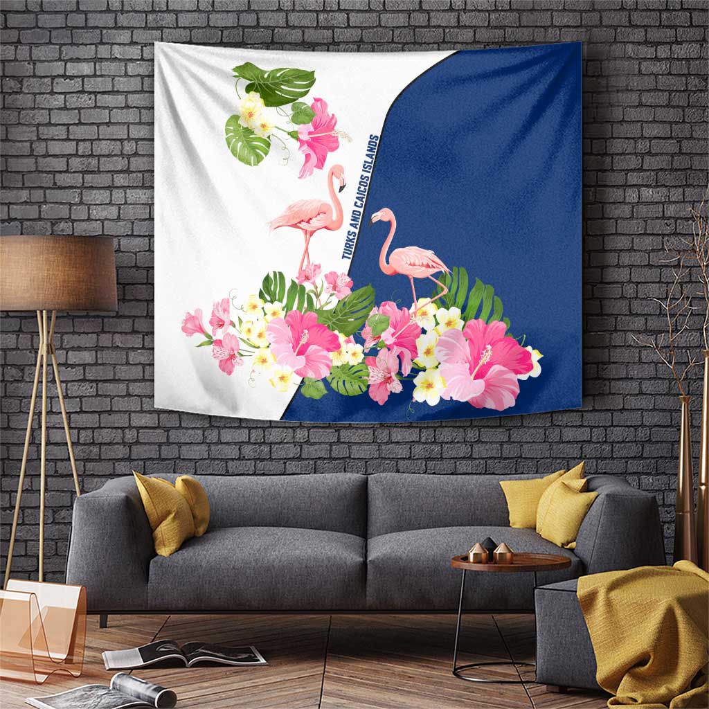 Turks and Caicos Islands Tapestry with Flamingos Floral Pattern and National Crest Design - Wonder Print Shop