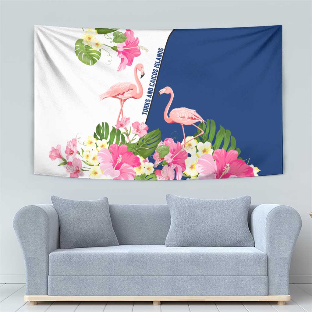 Turks and Caicos Islands Tapestry with Flamingos Floral Pattern and National Crest Design - Wonder Print Shop