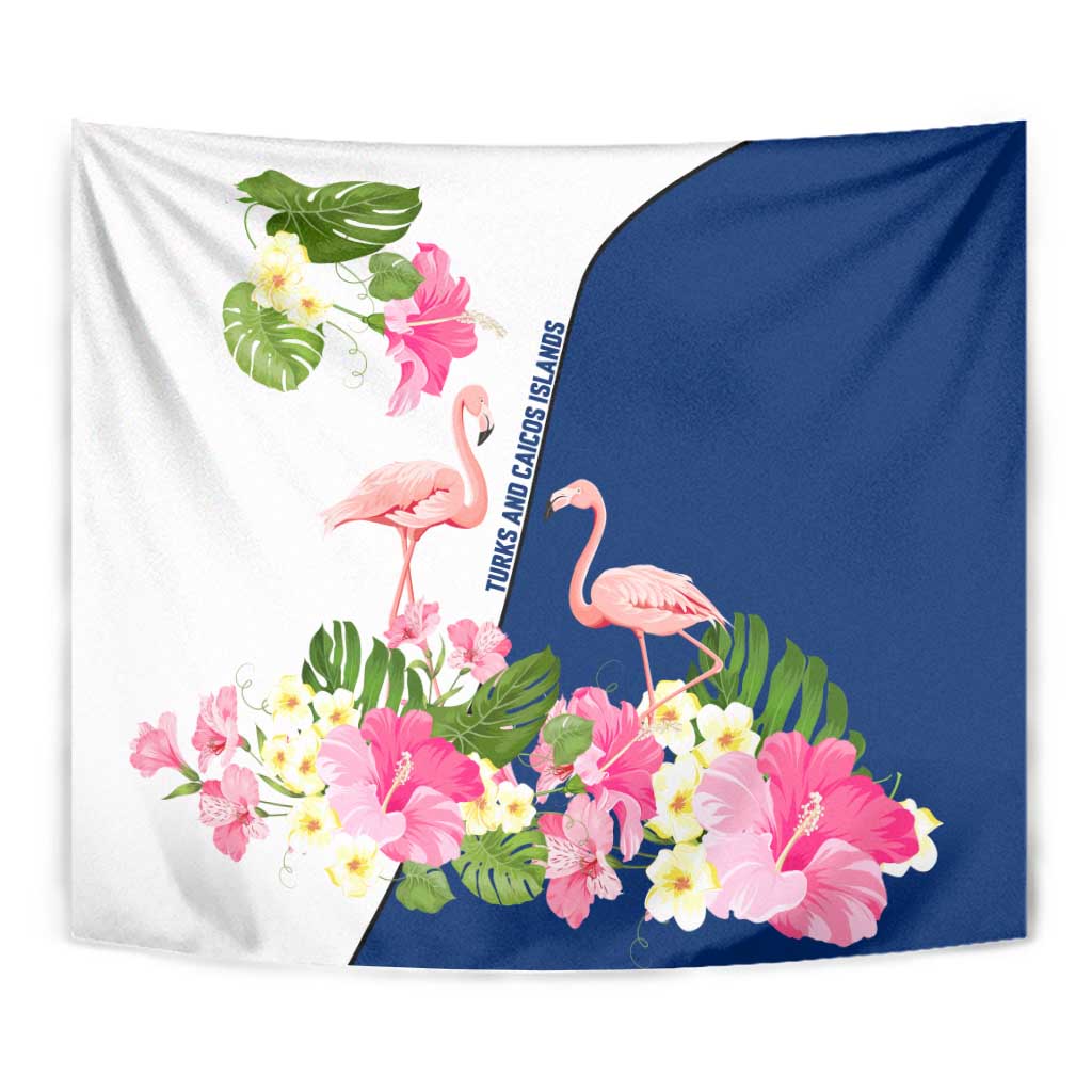 Turks and Caicos Islands Tapestry with Flamingos Floral Pattern and National Crest Design - Wonder Print Shop