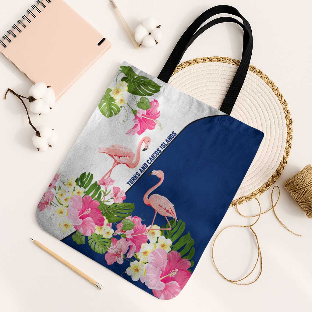 Turks and Caicos Islands Tote Bag with Flamingos Floral Pattern and National Crest Design - Wonder Print Shop