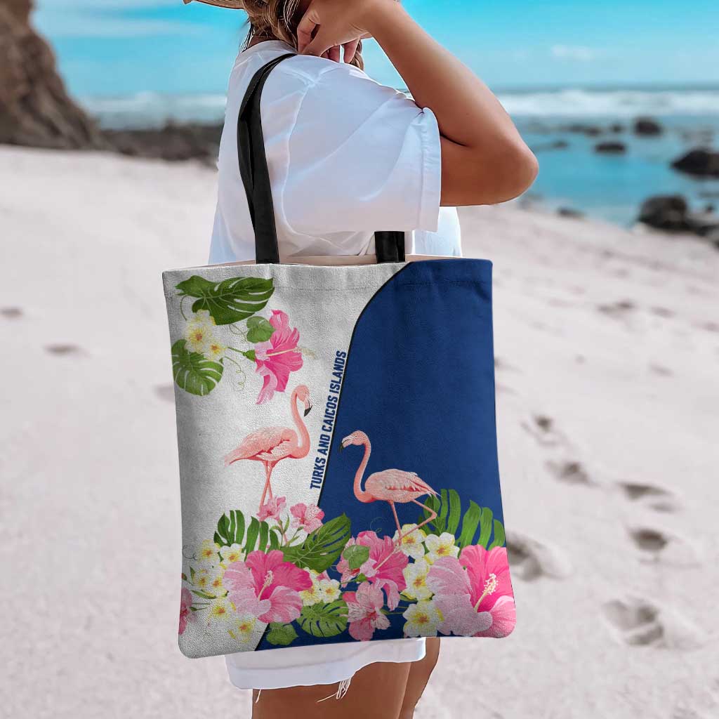 Turks and Caicos Islands Tote Bag with Flamingos Floral Pattern and National Crest Design - Wonder Print Shop
