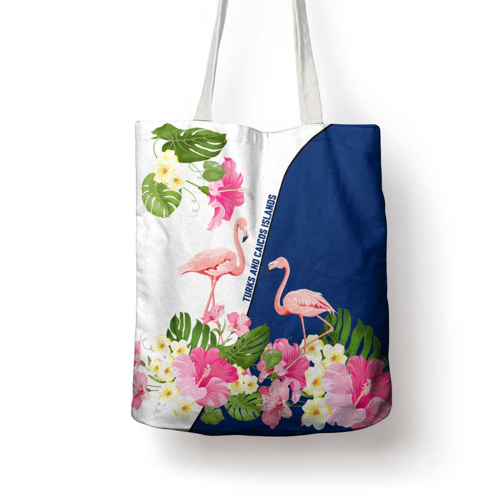 Turks and Caicos Islands Tote Bag with Flamingos Floral Pattern and National Crest Design - Wonder Print Shop