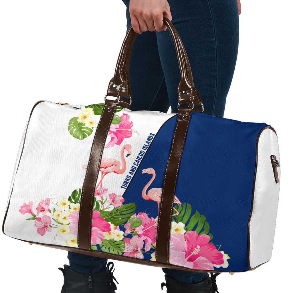 Turks and Caicos Islands Travel Bag with Flamingos Floral Pattern and National Crest Design - Wonder Print Shop