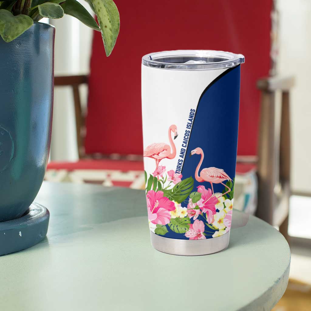 Turks and Caicos Islands Tumbler Cup with Flamingos Floral Pattern and National Crest Design - Wonder Print Shop
