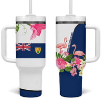 Turks and Caicos Islands Tumbler With Handle with Flamingos Floral Pattern and National Crest Design - Wonder Print Shop