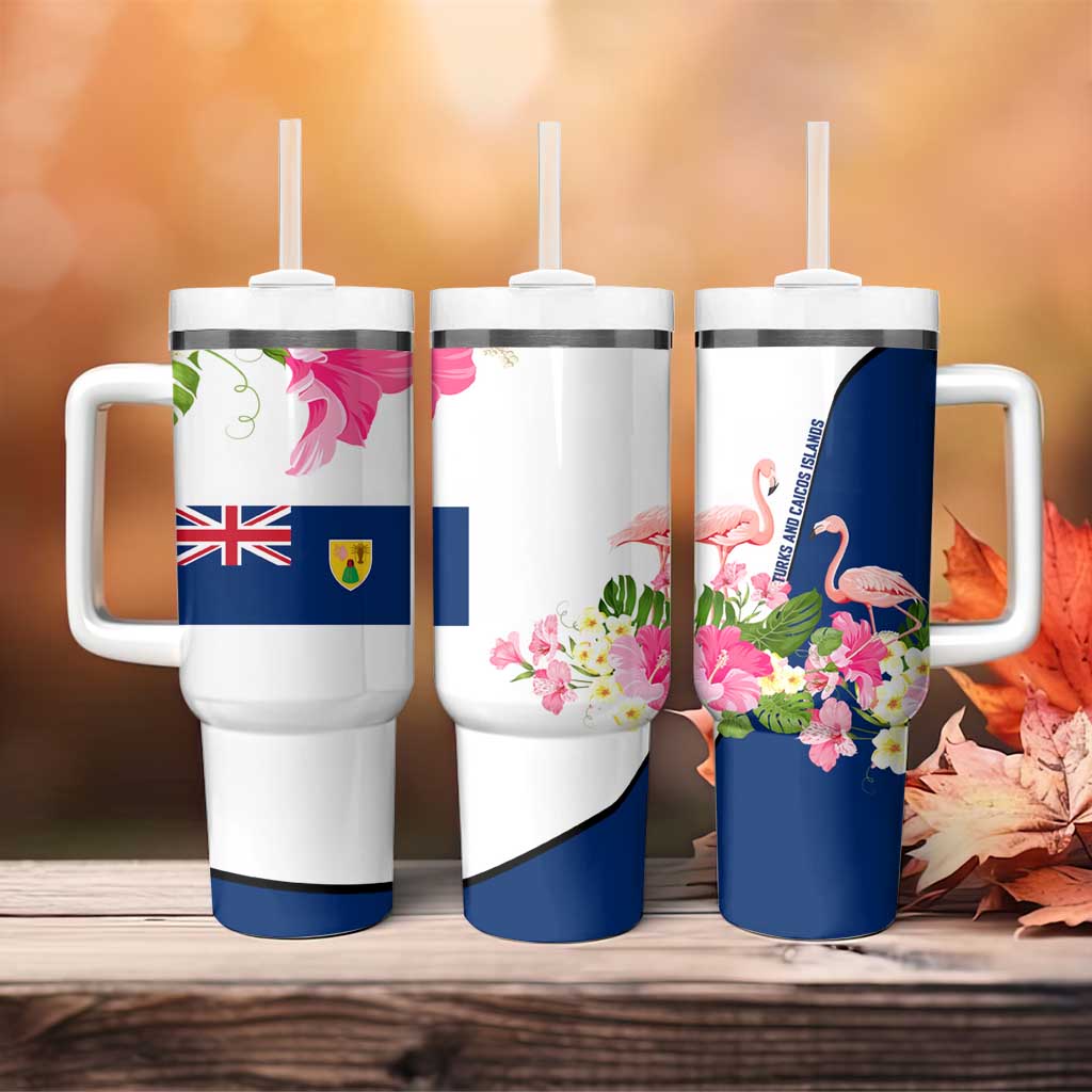 Turks and Caicos Islands Tumbler With Handle with Flamingos Floral Pattern and National Crest Design - Wonder Print Shop