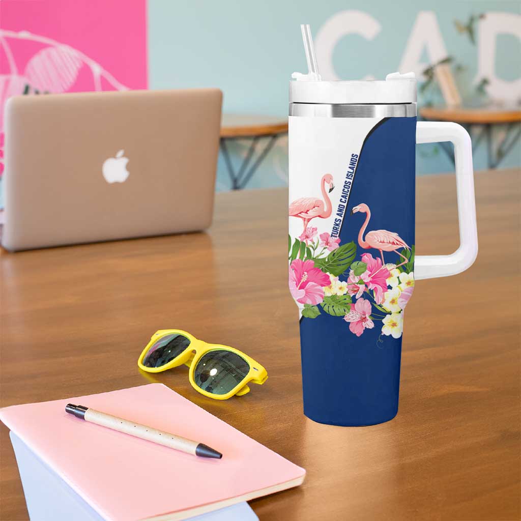 Turks and Caicos Islands Tumbler With Handle with Flamingos Floral Pattern and National Crest Design - Wonder Print Shop
