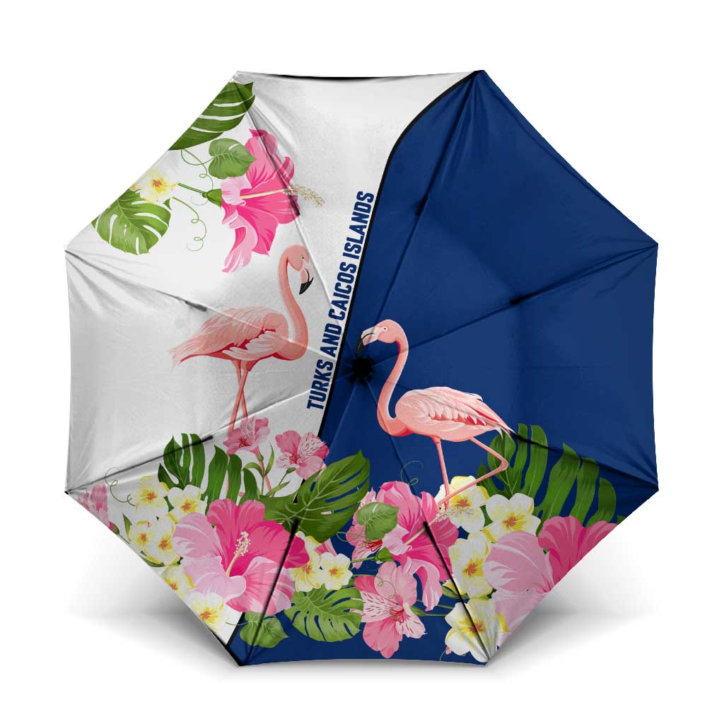 Turks and Caicos Islands Umbrella with Flamingos Floral Pattern and National Crest Design - Wonder Print Shop