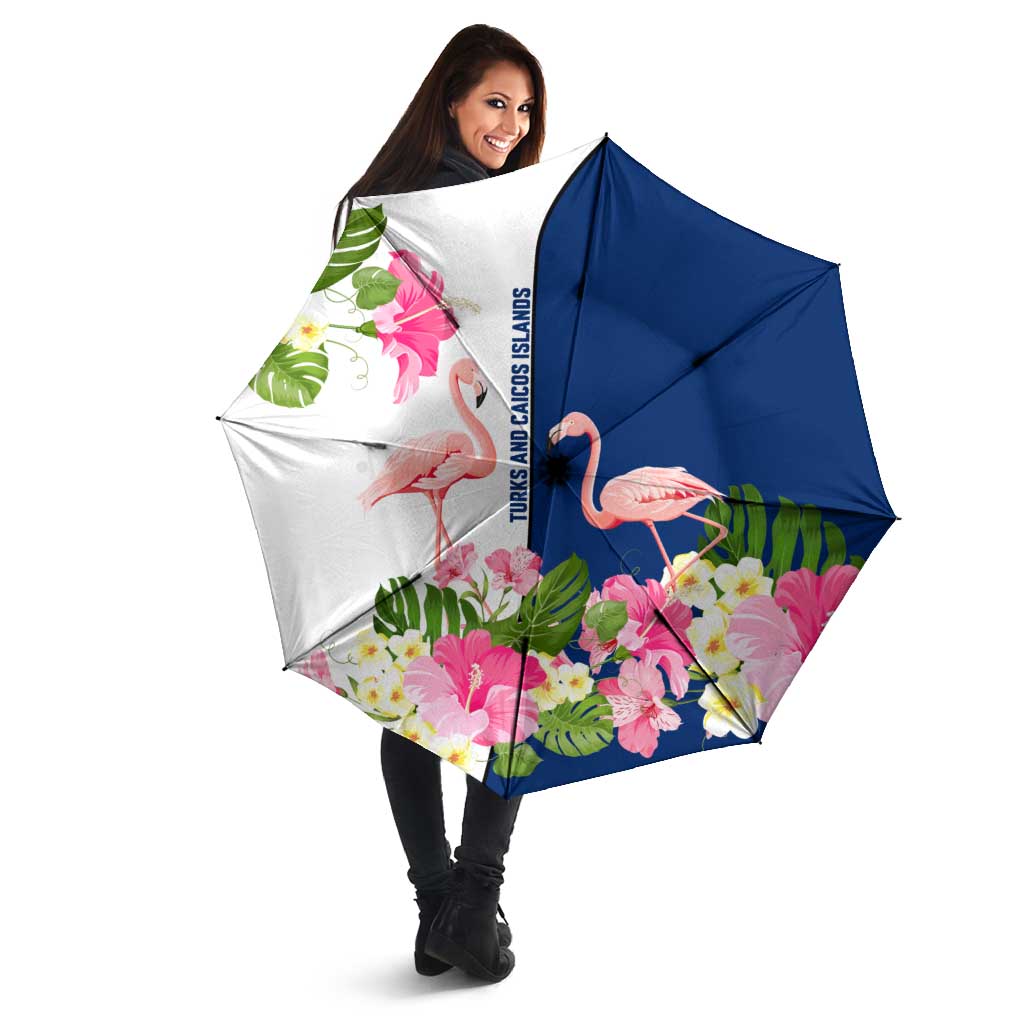 Turks and Caicos Islands Umbrella with Flamingos Floral Pattern and National Crest Design - Wonder Print Shop