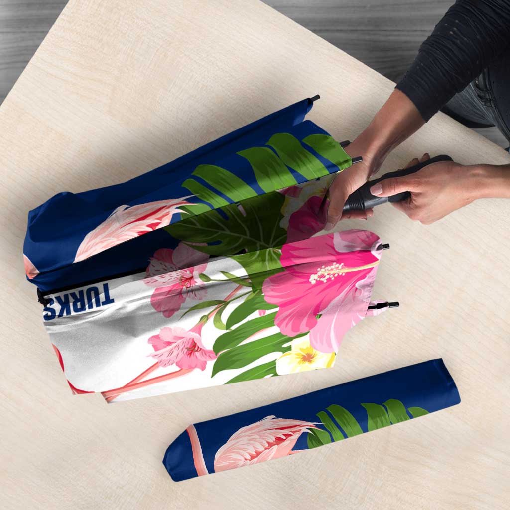 Turks and Caicos Islands Umbrella with Flamingos Floral Pattern and National Crest Design - Wonder Print Shop