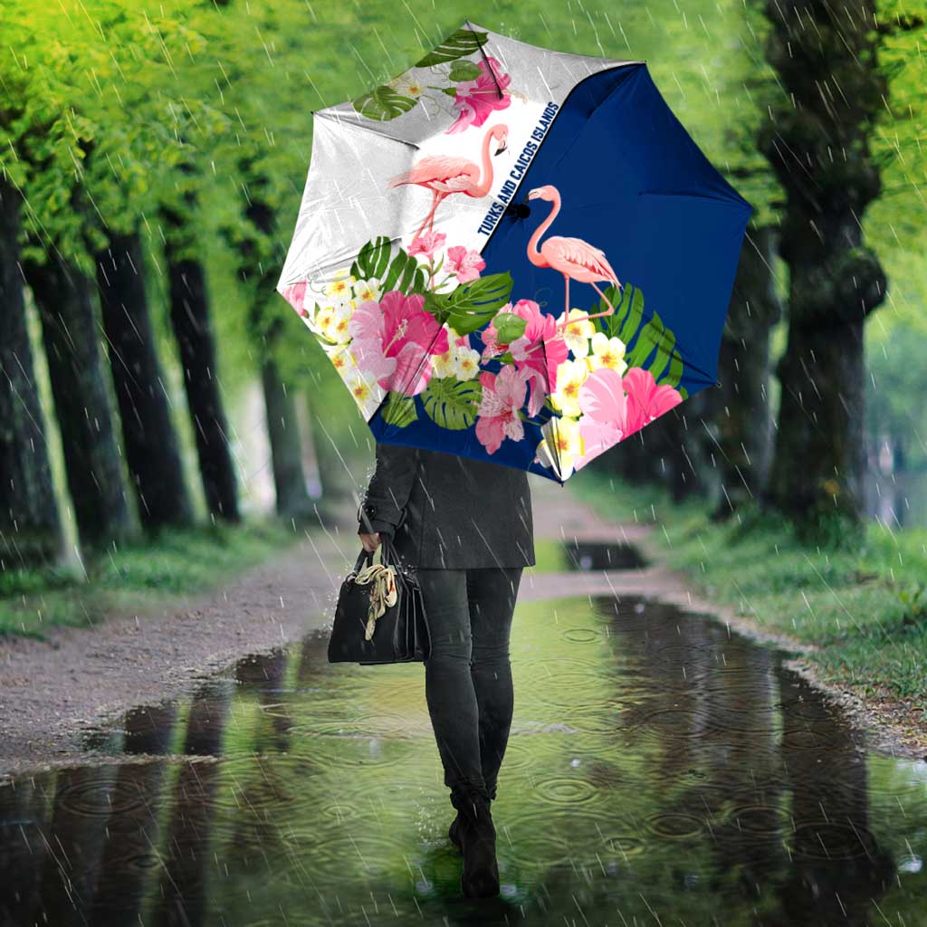 Turks and Caicos Islands Umbrella with Flamingos Floral Pattern and National Crest Design - Wonder Print Shop