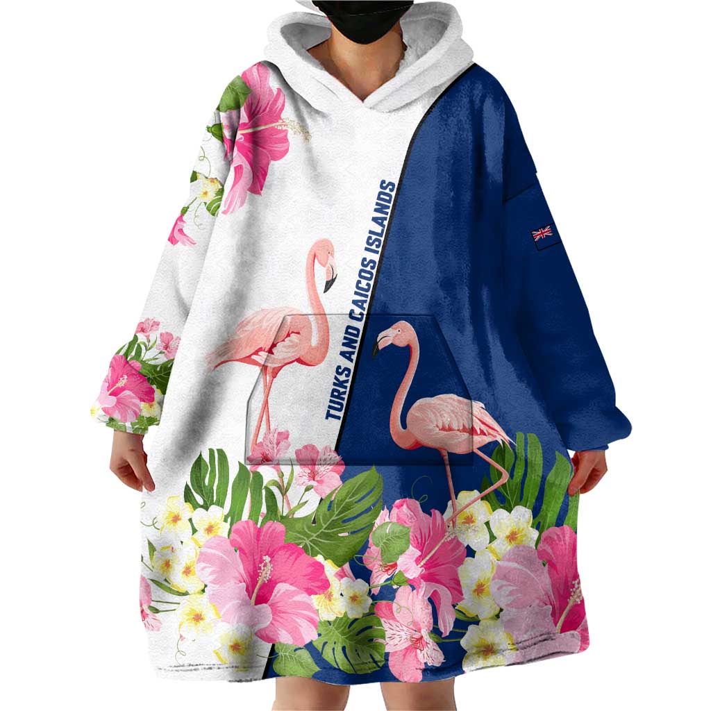 Turks and Caicos Islands Wearable Blanket Hoodie with Flamingos Floral Pattern and National Crest Design - Wonder Print Shop