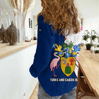 Turks and Caicos Islands Women Casual Shirt with Flamingos Floral Pattern and National Crest Design - Wonder Print Shop