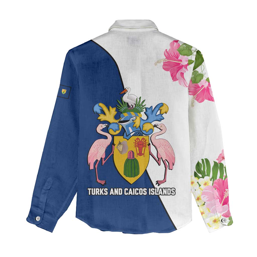 Turks and Caicos Islands Women Casual Shirt with Flamingos Floral Pattern and National Crest Design - Wonder Print Shop