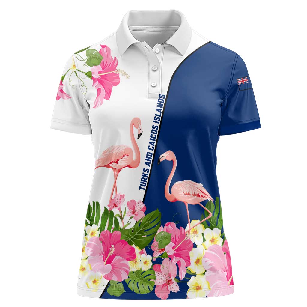 Turks and Caicos Islands Women Polo Shirt with Flamingos Floral Pattern and National Crest Design - Wonder Print Shop