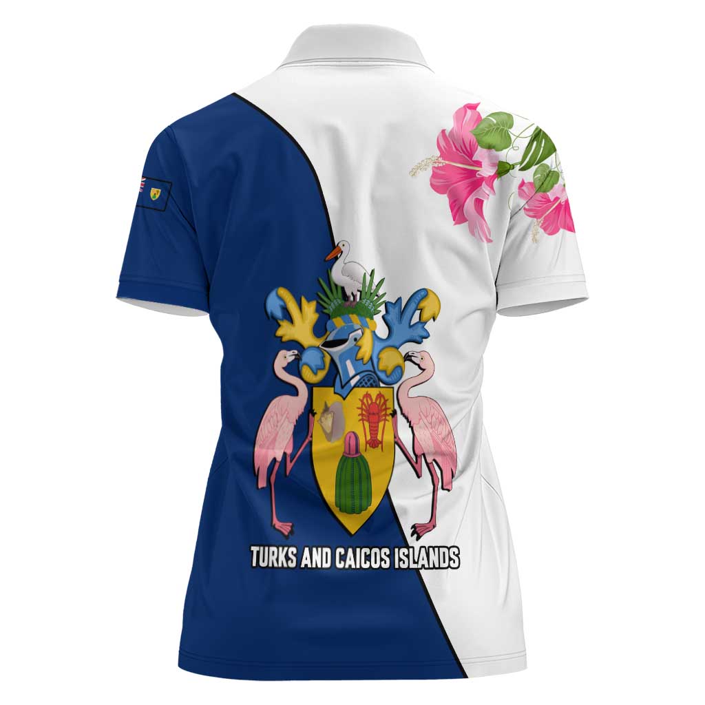 Turks and Caicos Islands Women Polo Shirt with Flamingos Floral Pattern and National Crest Design - Wonder Print Shop