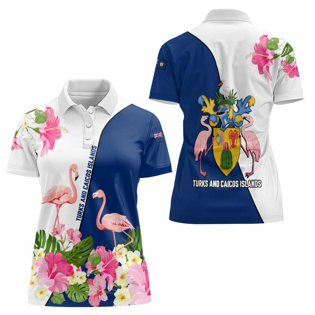 Turks and Caicos Islands Women Polo Shirt with Flamingos Floral Pattern and National Crest Design - Wonder Print Shop