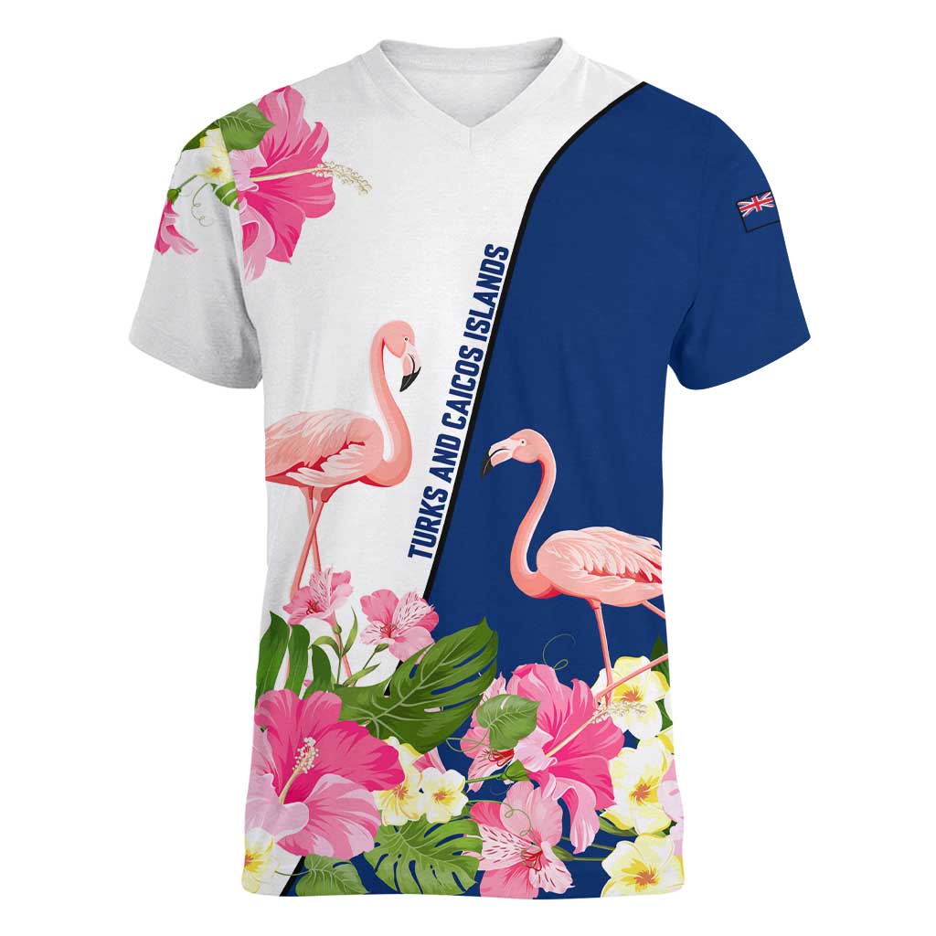 Turks and Caicos Islands Women V-Neck T-Shirt with Flamingos Floral Pattern and National Crest Design - Wonder Print Shop