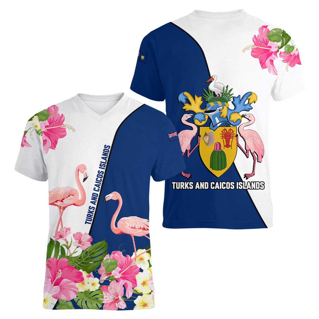 Turks and Caicos Islands Women V-Neck T-Shirt with Flamingos Floral Pattern and National Crest Design - Wonder Print Shop