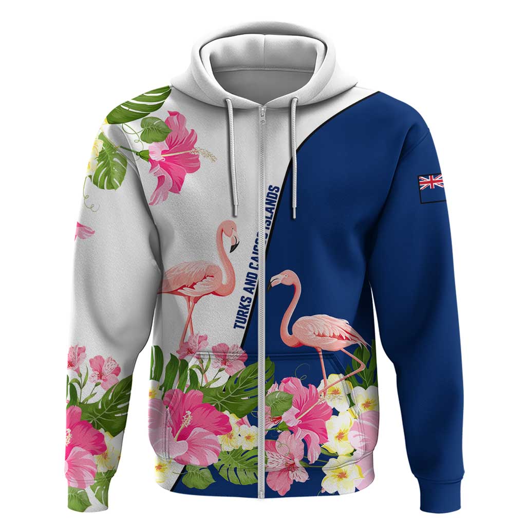 Turks and Caicos Islands Zip Hoodie with Flamingos Floral Pattern and National Crest Design - Wonder Print Shop