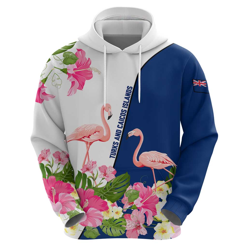 Turks and Caicos Islands Zip Hoodie with Flamingos Floral Pattern and National Crest Design - Wonder Print Shop
