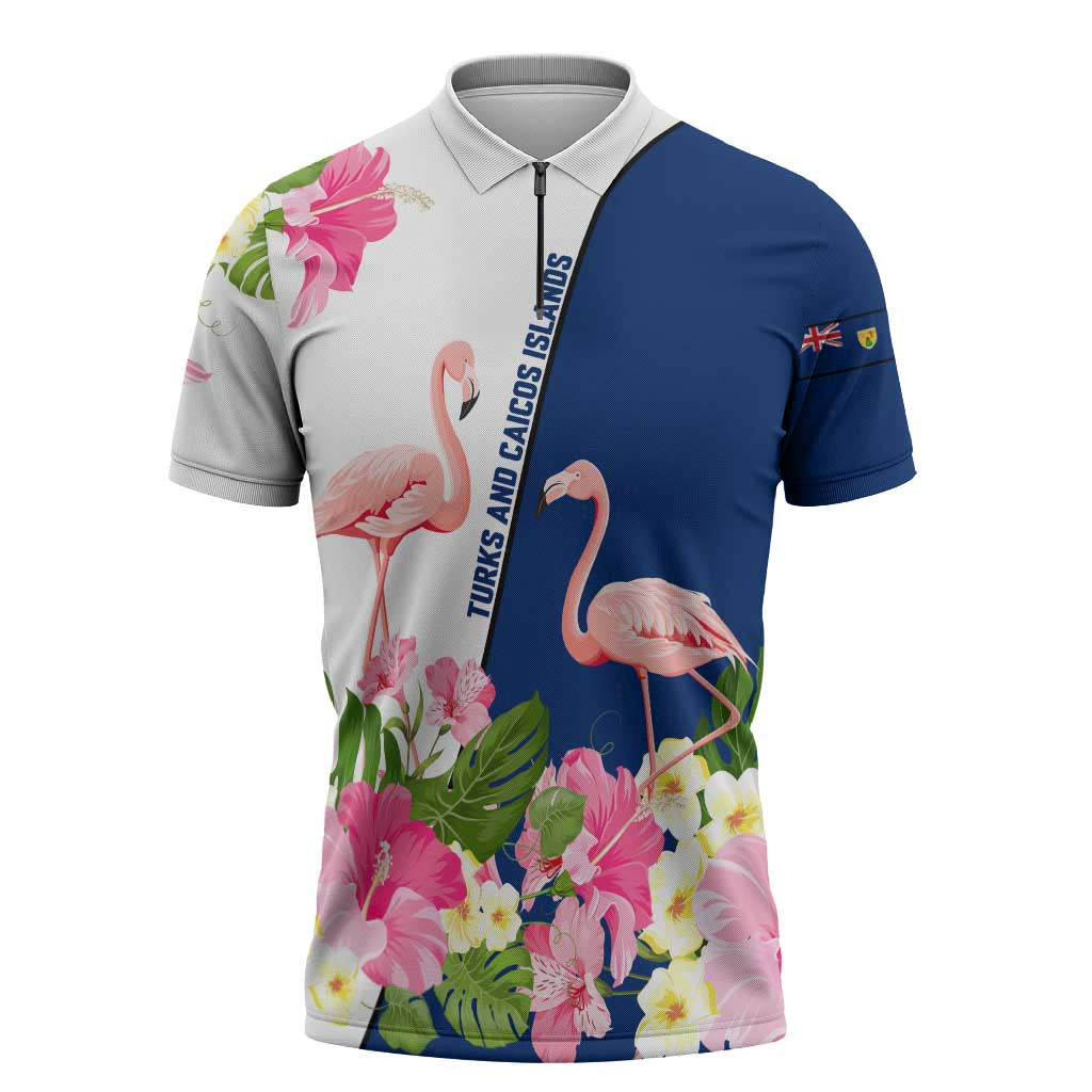 Turks and Caicos Islands Zipper Polo Shirt with Flamingos Floral Pattern and National Crest Design - Wonder Print Shop