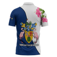 Turks and Caicos Islands Zipper Polo Shirt with Flamingos Floral Pattern and National Crest Design - Wonder Print Shop