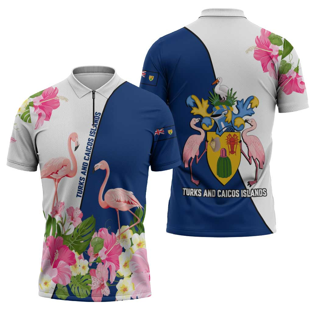 Turks and Caicos Islands Zipper Polo Shirt with Flamingos Floral Pattern and National Crest Design - Wonder Print Shop