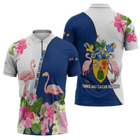 Turks and Caicos Islands Zipper Polo Shirt with Flamingos Floral Pattern and National Crest Design - Wonder Print Shop