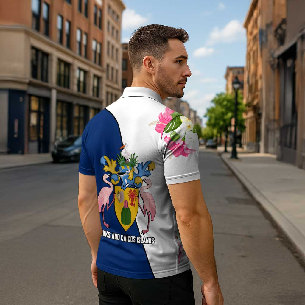 Turks and Caicos Islands Zipper Polo Shirt with Flamingos Floral Pattern and National Crest Design - Wonder Print Shop