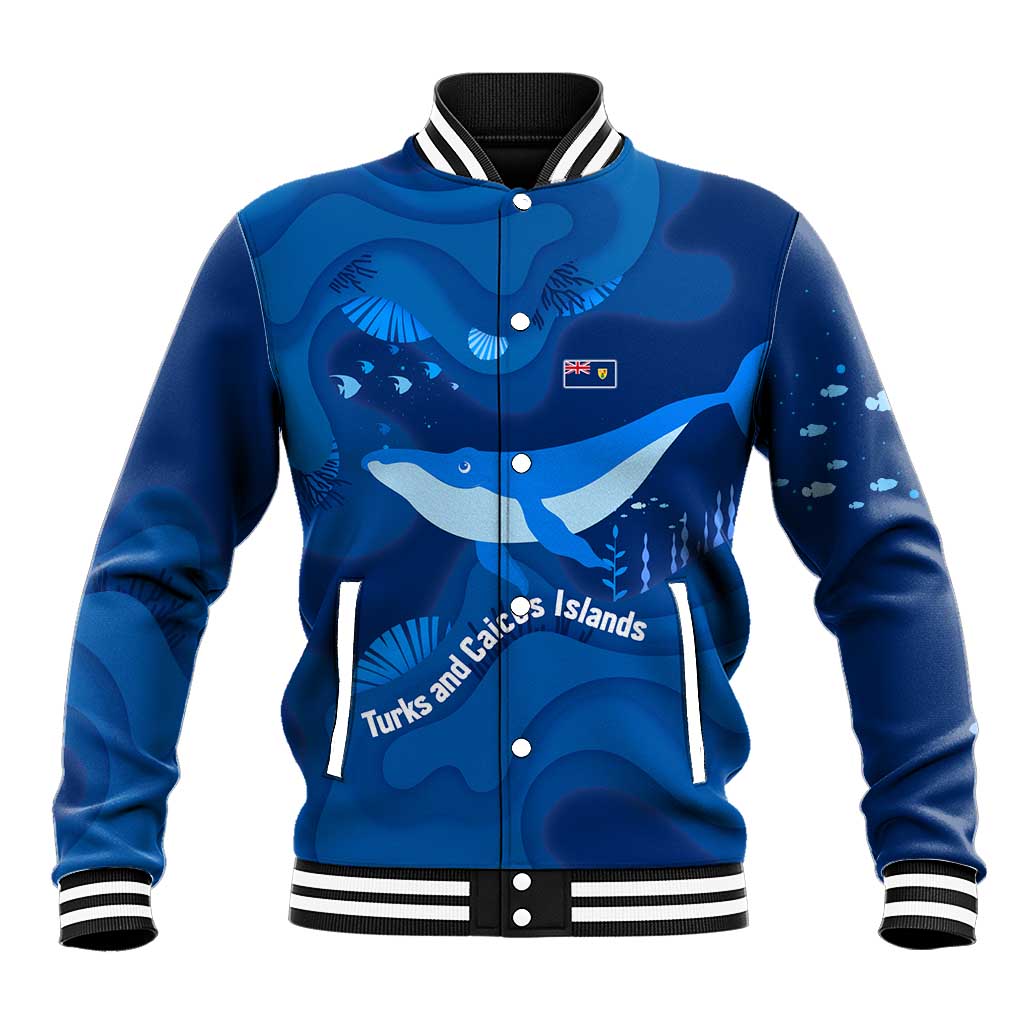 Turks and Caicos Islands Baseball Jacket with Blue Ocean Whale and Coral Reef Design - Wonder Print Shop