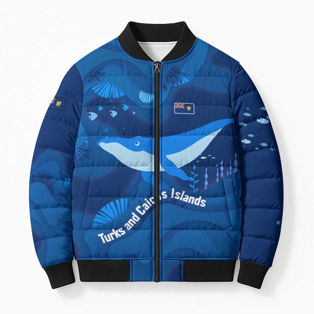 Turks and Caicos Islands Bomber Puffer Jacket with Blue Ocean Whale and Coral Reef Design - Wonder Print Shop