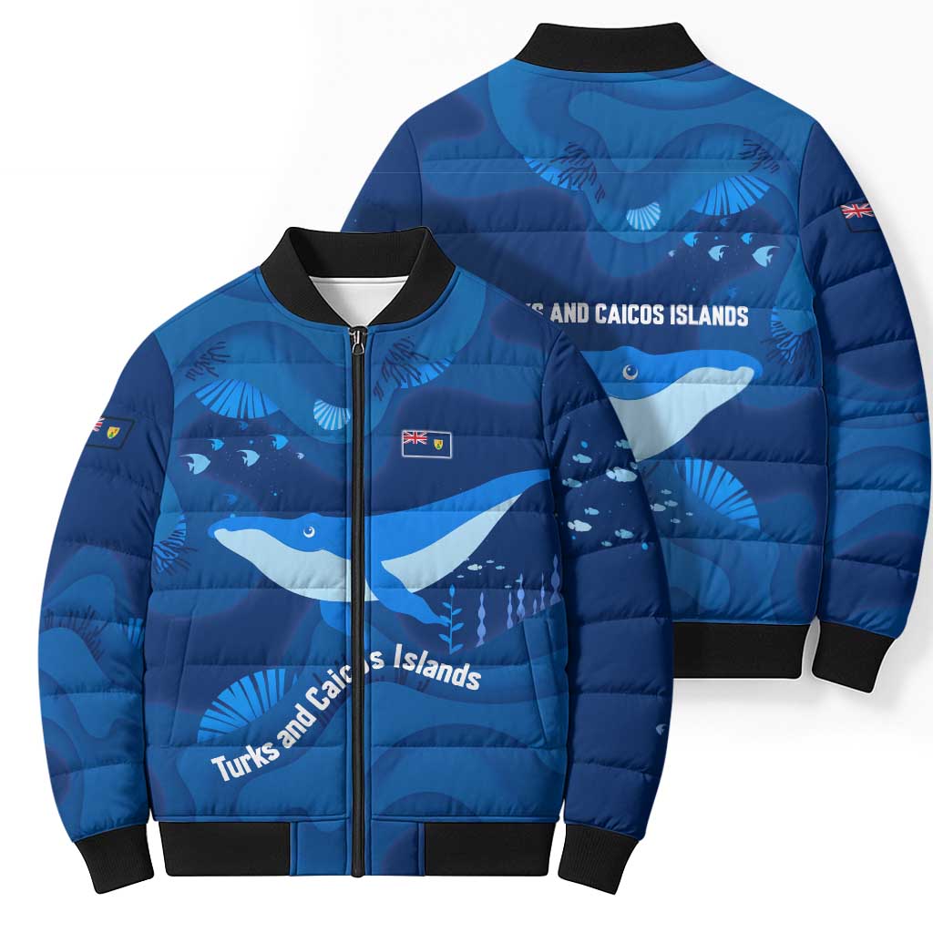 Turks and Caicos Islands Bomber Puffer Jacket with Blue Ocean Whale and Coral Reef Design - Wonder Print Shop