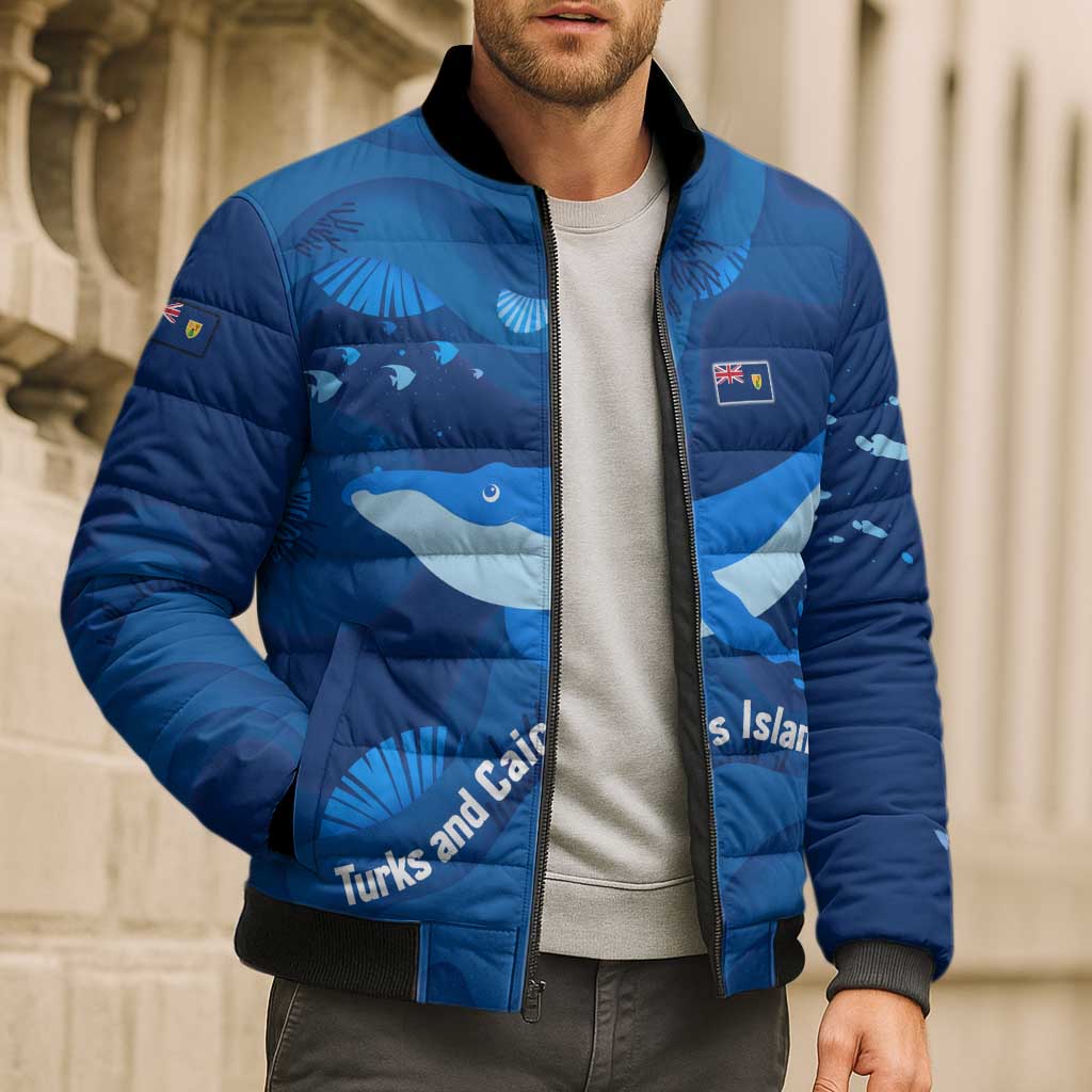 Turks and Caicos Islands Bomber Puffer Jacket with Blue Ocean Whale and Coral Reef Design - Wonder Print Shop