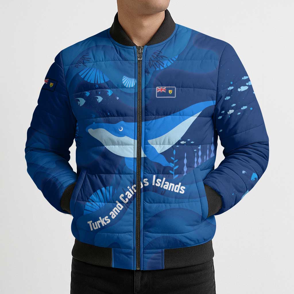 Turks and Caicos Islands Bomber Puffer Jacket with Blue Ocean Whale and Coral Reef Design - Wonder Print Shop