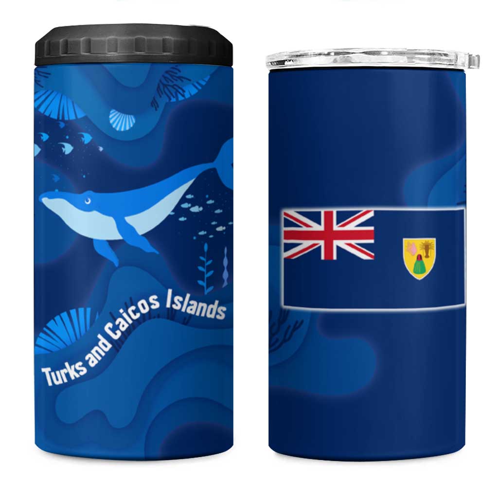 Turks and Caicos Islands 4 in 1 Can Cooler Tumbler with Blue Ocean Whale and Coral Reef Design - Wonder Print Shop